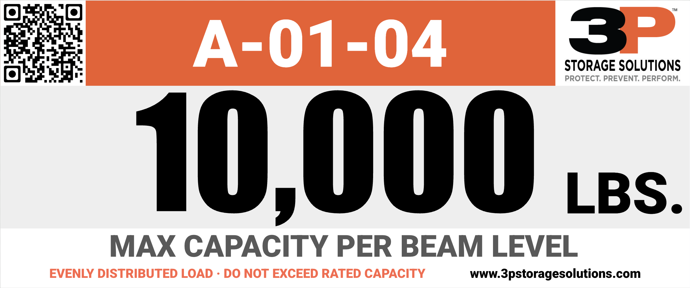 Sample 3P Inspections rack capacity placard with bay ID, max capacity, and QR code
